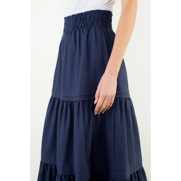Navy Smocked Waist Tiered Long Skirt