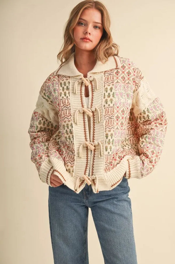 Mixed Media Puff Jacket in Warm Sand Floral