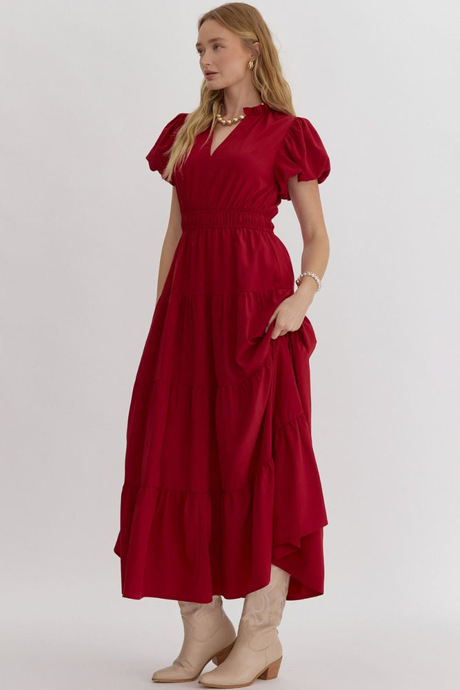 Burgundy V- Neck Midi Dress