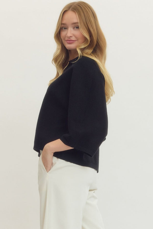Black Solid Knit Top w V-neck Collar