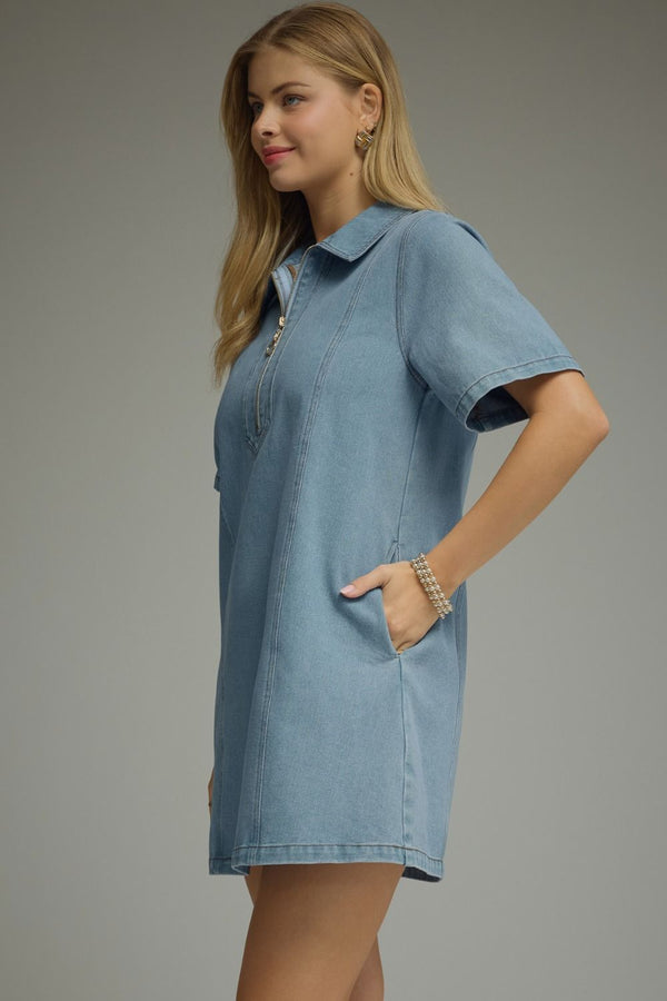 Denim Collared Short Sleeve Mini Dress w Front Zipper