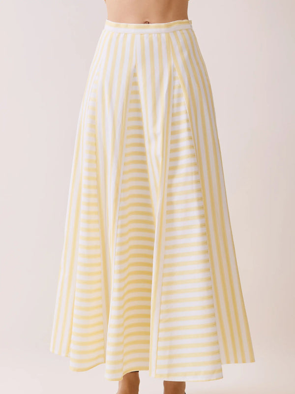 Yellow Striped Paneled Construction A Line Midi Skirt
