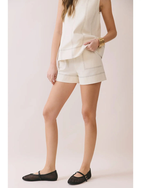 Elastic Waist Contrast Topstitch Detail Shorts