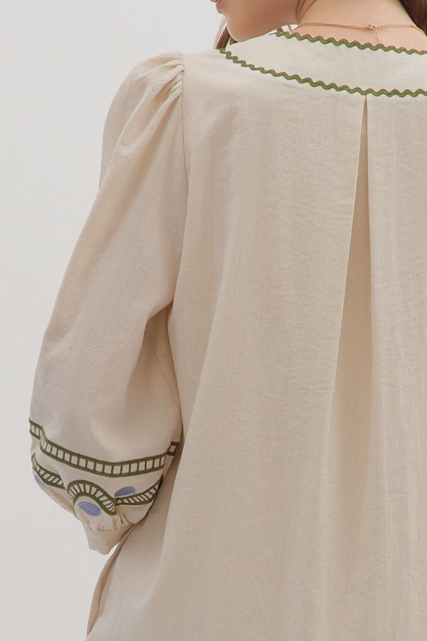 Ecru 3/4 Puff Sleeve Mini Dress Embroidered w Scallop Accent