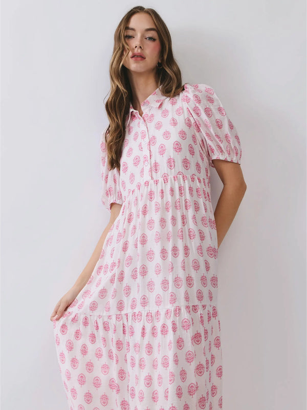 Pink Floral Print Puff Sleeve Tiered Midi Dress