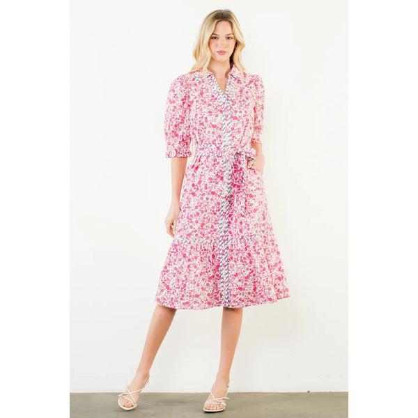 Pink Sleeve Floral Detail Button Down Dress