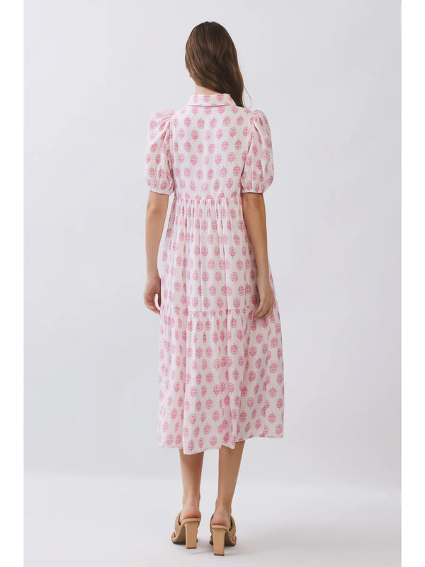 Pink Floral Print Puff Sleeve Tiered Midi Dress