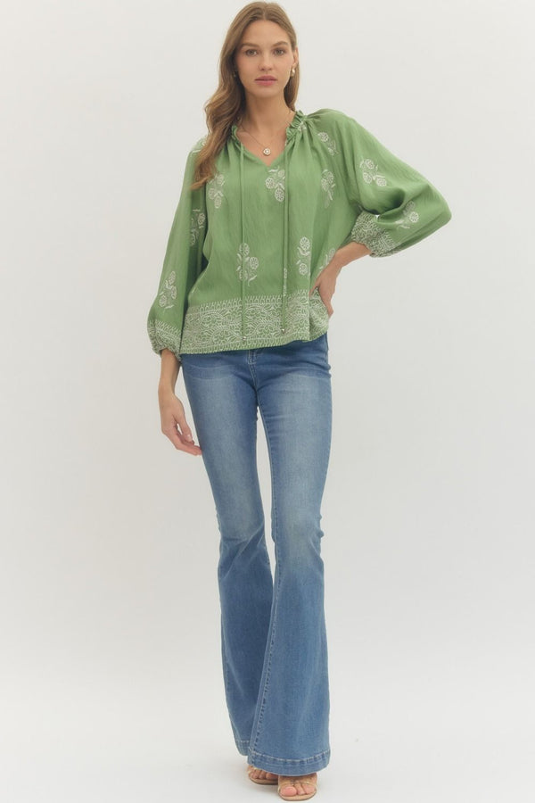 Sage Floral Print Raglan Puff Sleeve w Tie Detail & Ruffled Neck