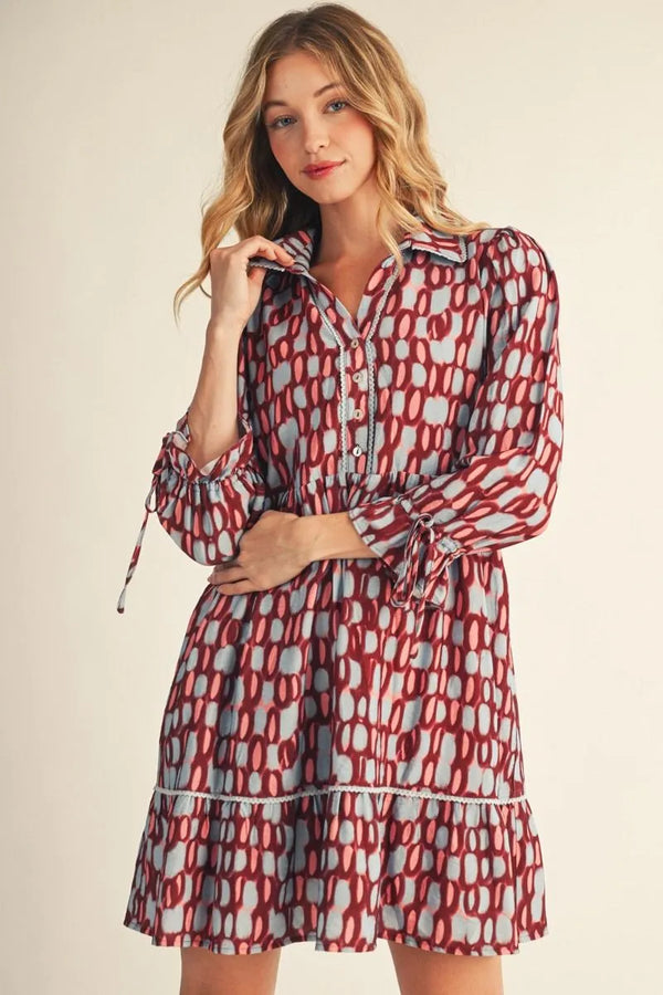 Drawstring Tie Detail Sleeves Burgundy Polka Dot Dress