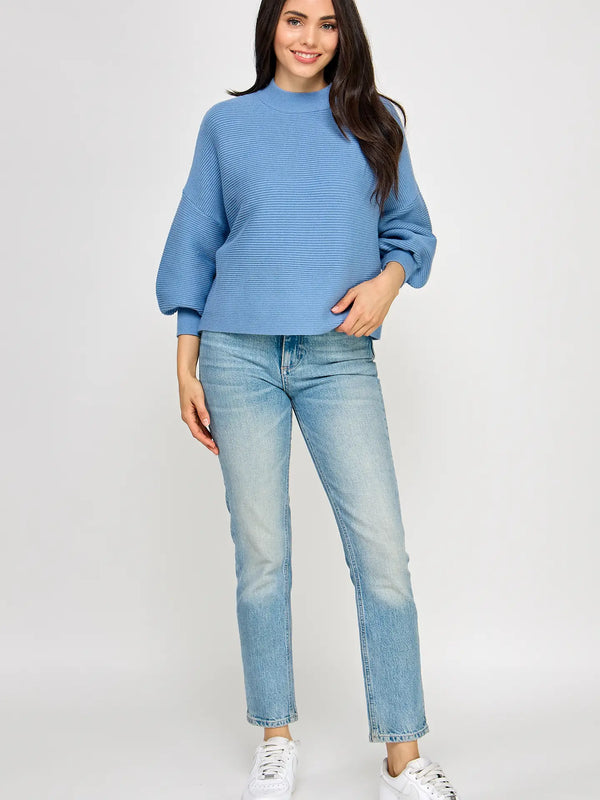 Balloon Slv Mock Neck Sweater Azure