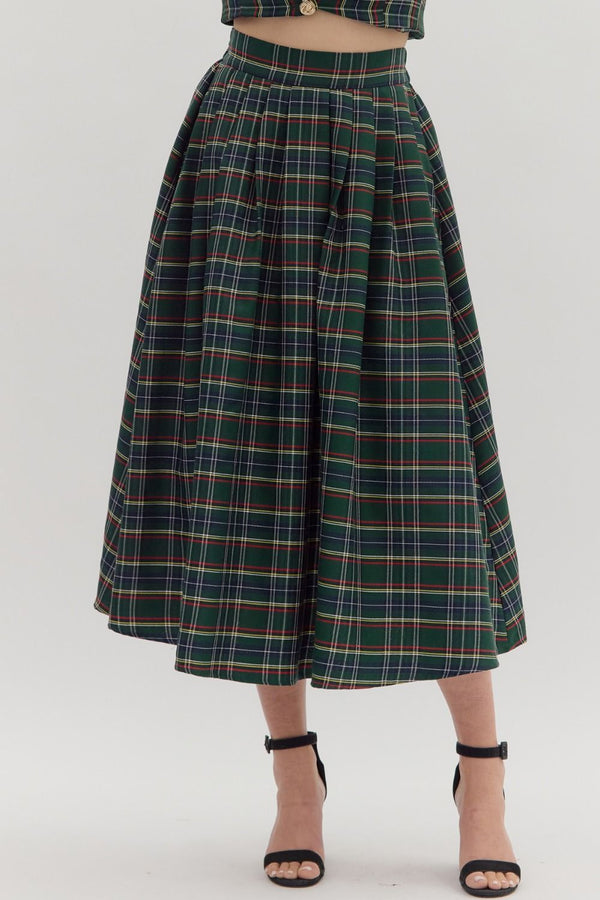 Green Plaid Pattern Pull-On Midi Skirt