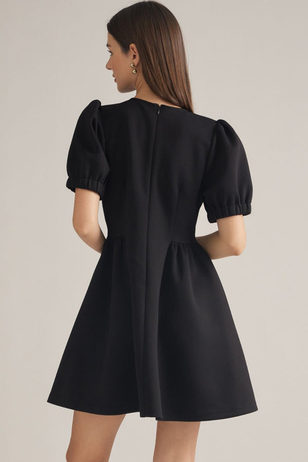 Solid Black Puff Sleeve Mini Dress w Round Neck
