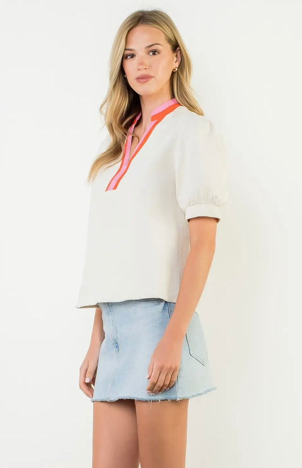 Puff Sleeve Textured V-Neck Top - Cream