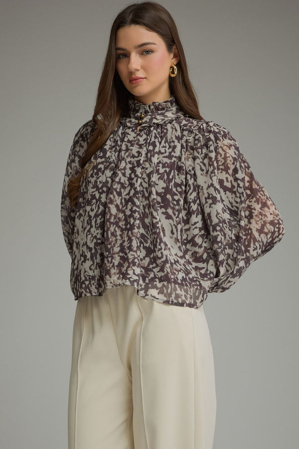 Brown & Ecru Long Puff Sleeve Top w Ruffle High Neckline