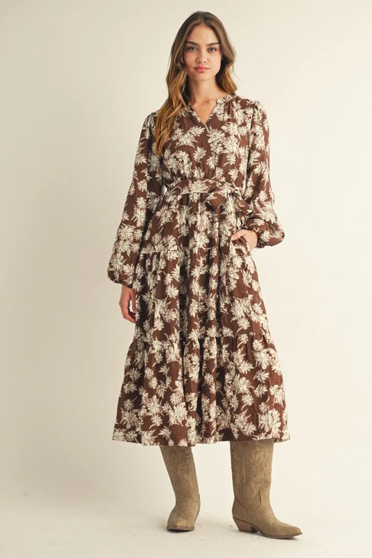 Brown Floral Midi Dress