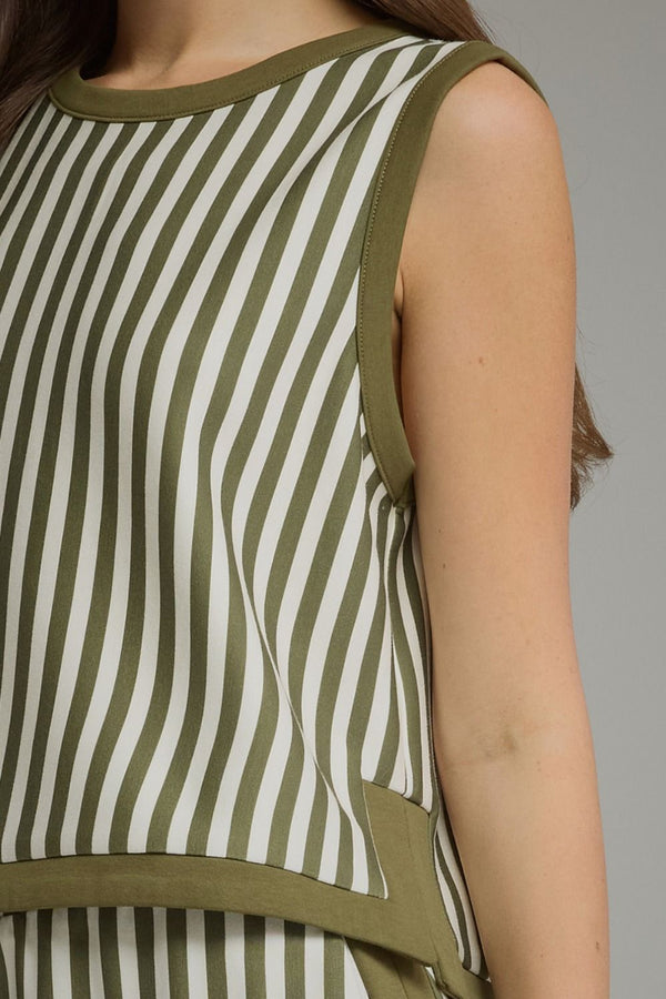 Olive Stripe Sleeveless Round-Neck Top w Contrast Trim