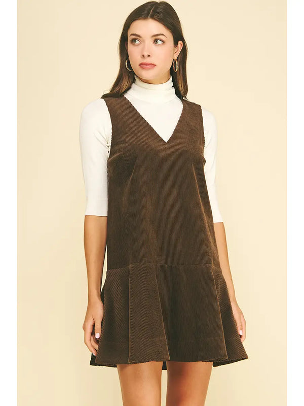 Corduroy Flowering Hem Mini Dress | Dark Mocha