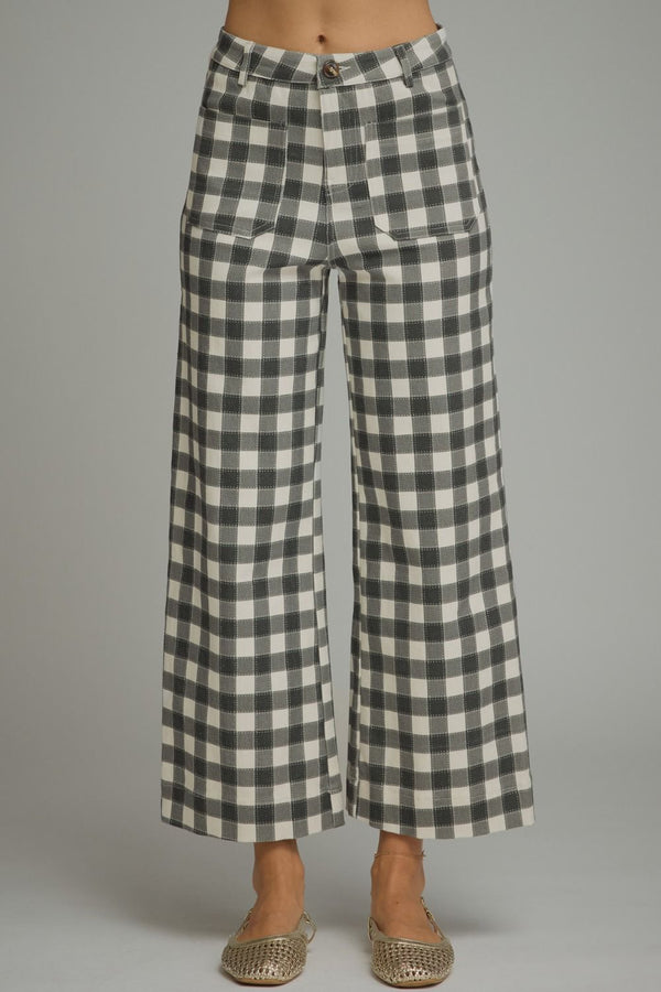 Black Gingham Wide Leg Pants w Front Pockets