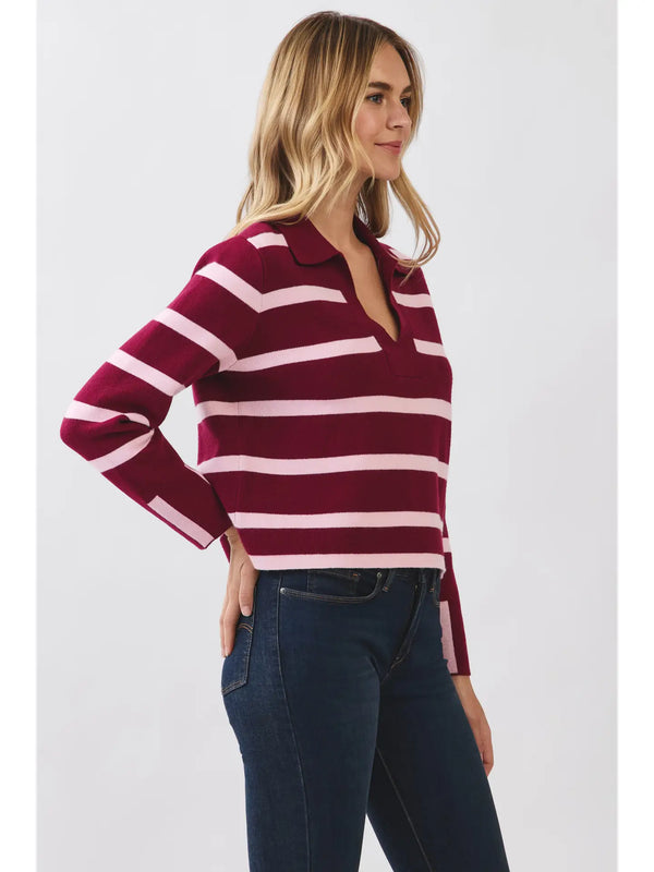 Striped Knit Polo Sweater | Burgundy/Pink