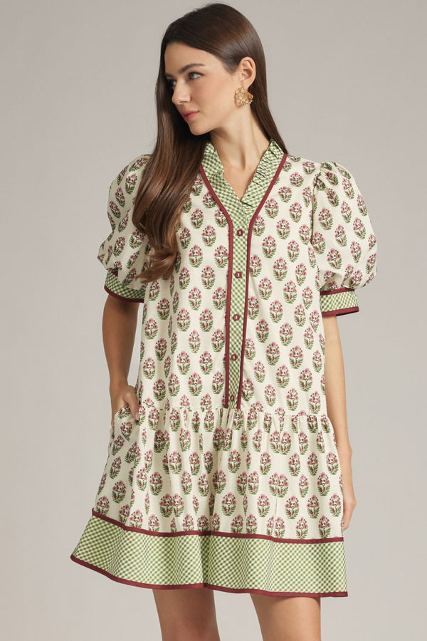 Ecru Print Puff Sleeve Mini Dress w Gingham Trim