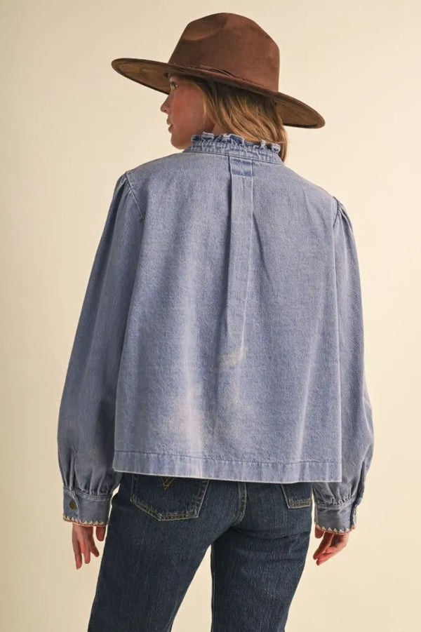 Denim Button Down Top w Ruffle Mock Neckline