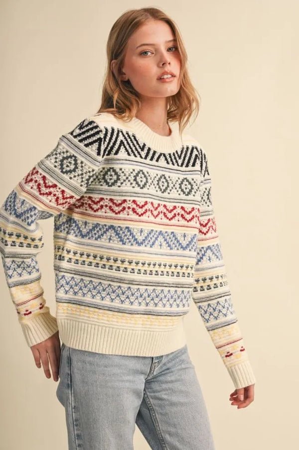 Off White & Colorful Geometric Knit Sweater