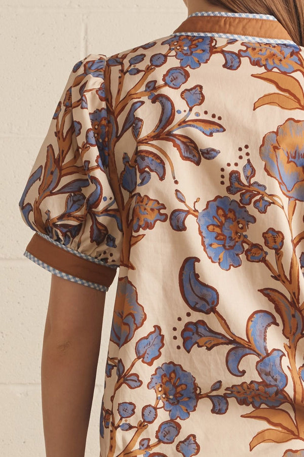 Ecru & Floral Print Puff Sleeve Top featuring Contrast Binding