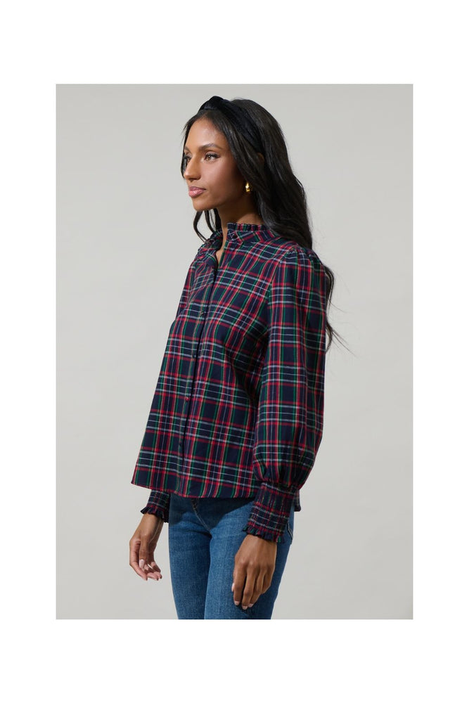 Chapman Plaid Split Neck Top Navy