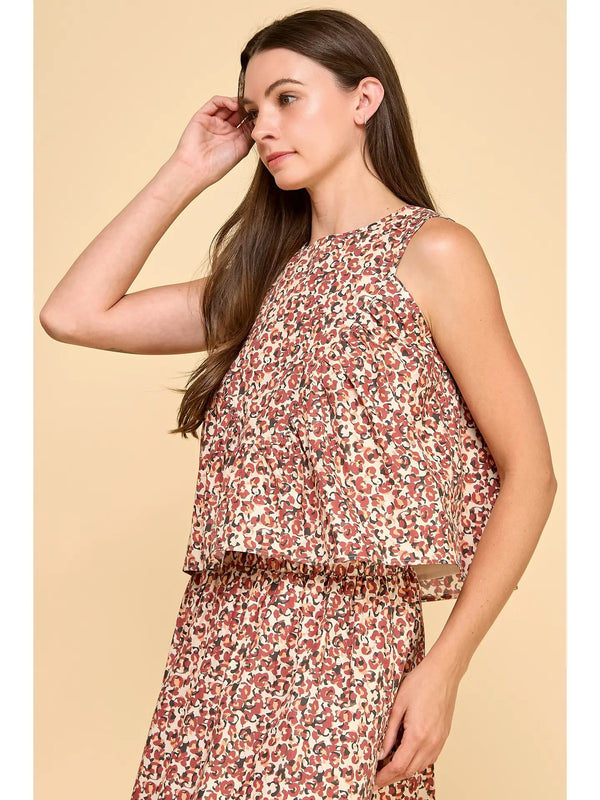 Floral Print Pleated Detail Flowy Design Top Burgundy