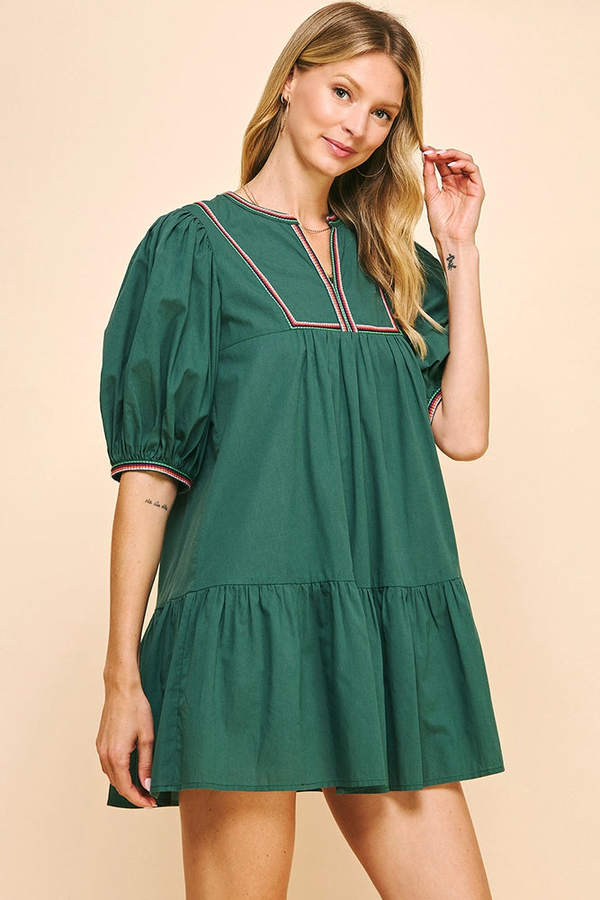 Tape Trim Mini Dress - Hunter Green