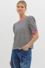 Navy Striped Top w/ Hot Pink Trim