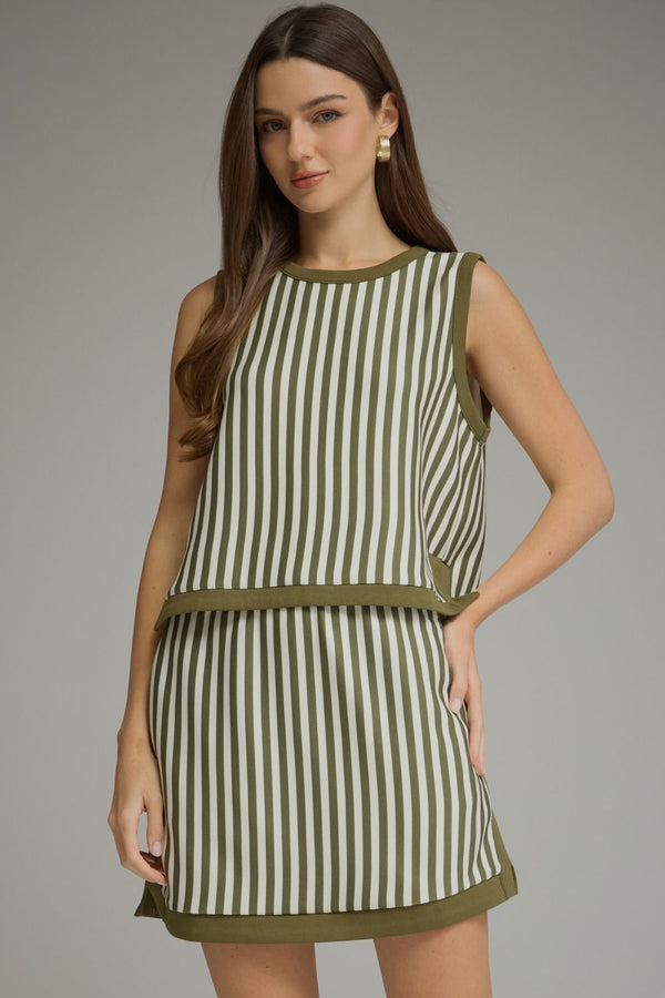 Olive Stripe Sleeveless Round-Neck Top w Contrast Trim