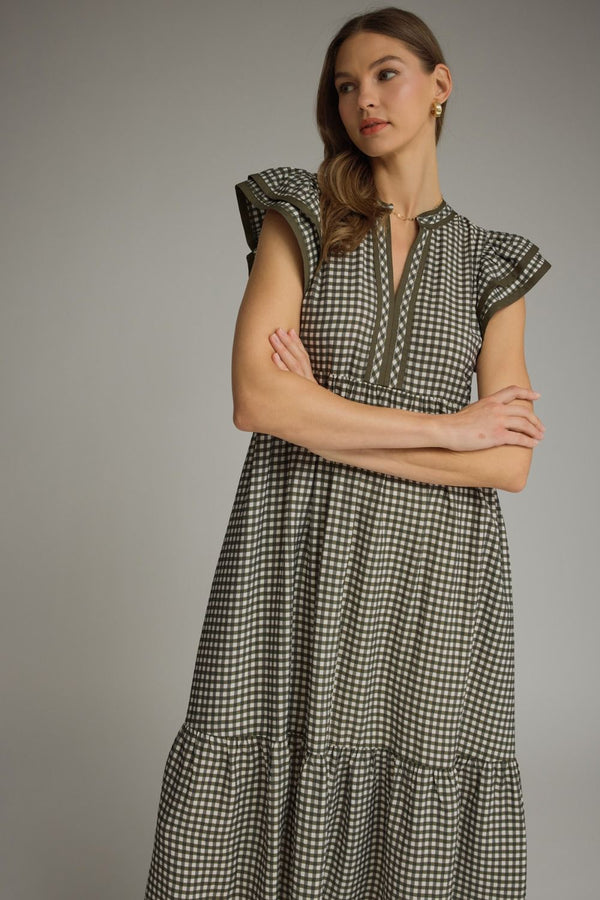 Olive Gingham Ruffle Cap Sleeve Midi Dress