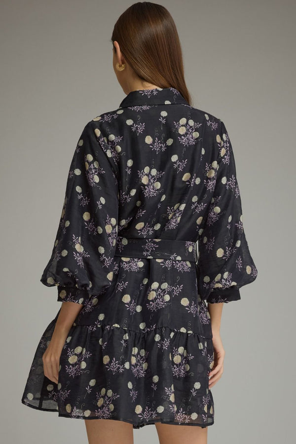 Lined Black & Purple Floral Print ¾ Balloon Sleeve Mini Dress