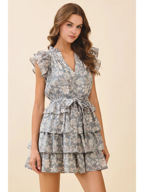 Floral Print Layered Ruffle Tiers V Neck Dress
