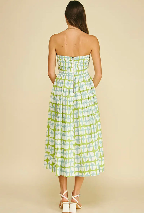 Geometric Print MIDI Dress | Aqua Green