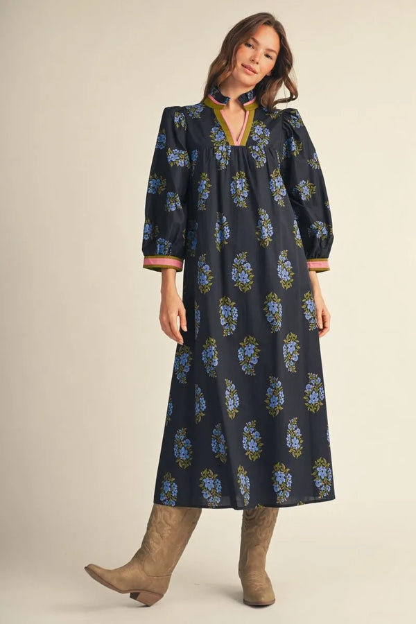 Puff Shoulder Black & Floral Midi Dress w Notched V Neck
