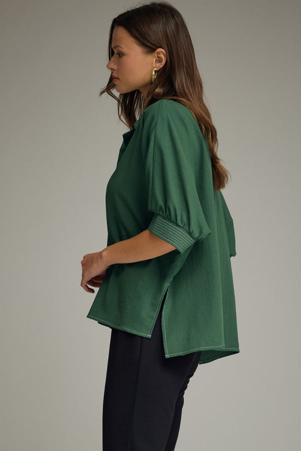 Green Short Sleeve Top w Split V-Neck & Contrast Stitch detail