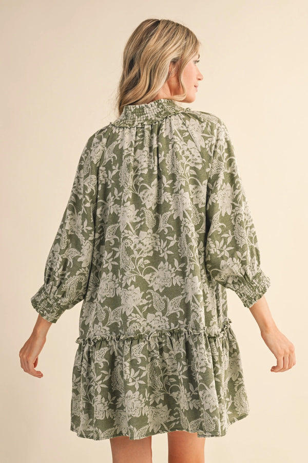 Olive Floral Jacquard Smocked Mini Dress
