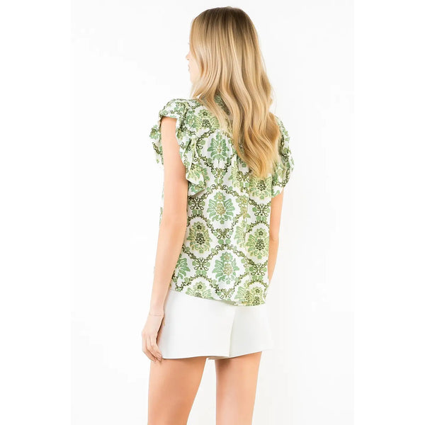 Ruffle Sleeves Green Floral Pattern V-Neck Top