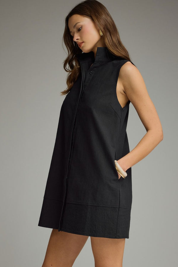 Solid Black Stand Collar Sleeveless Mini Dress