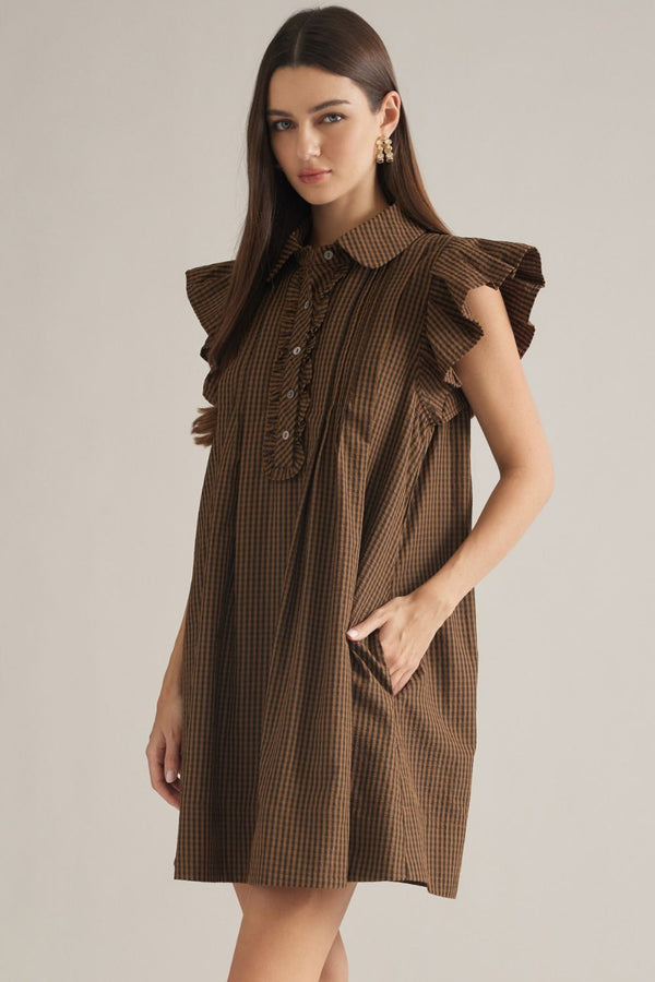 Black & Tan Gingham Ruffle Sleeve Mini Dress w Shirt-Style Neckline