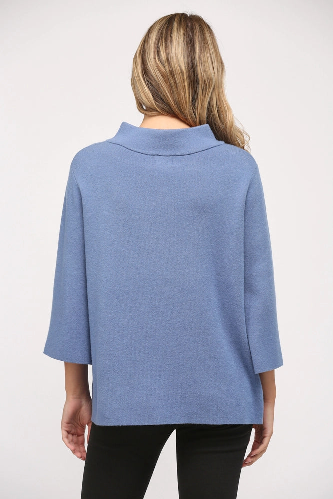 Mock Neck Pull Over Sweater/Bell Sleeve - Denim Blue