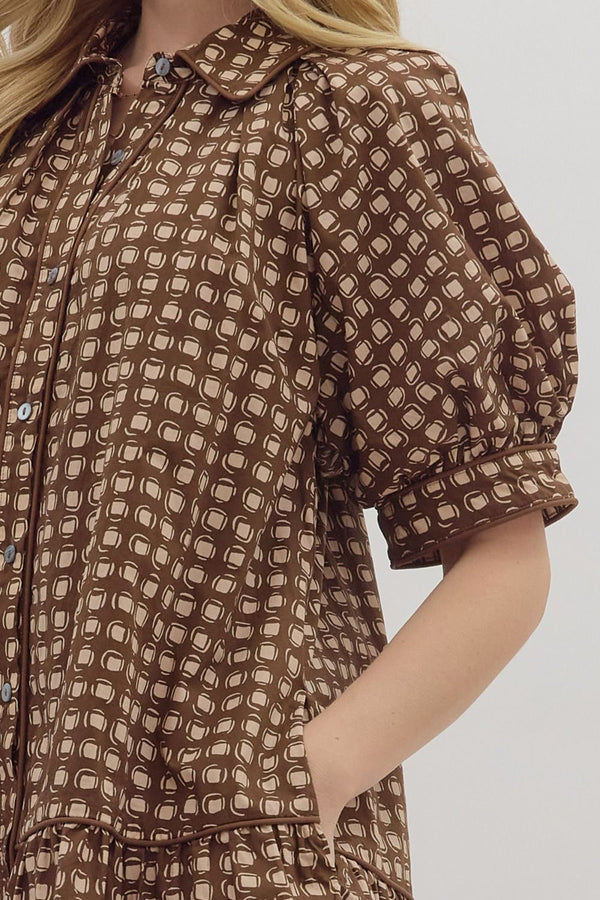 Brown Geometric Print Puff Sleeve Mini Dress