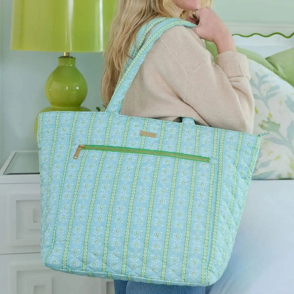Rosemary Stripe Blue Quilted Tote Bag