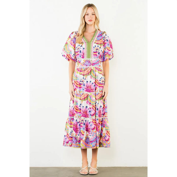 Puff Sleeve Multicolor Pattern Tiered Dress