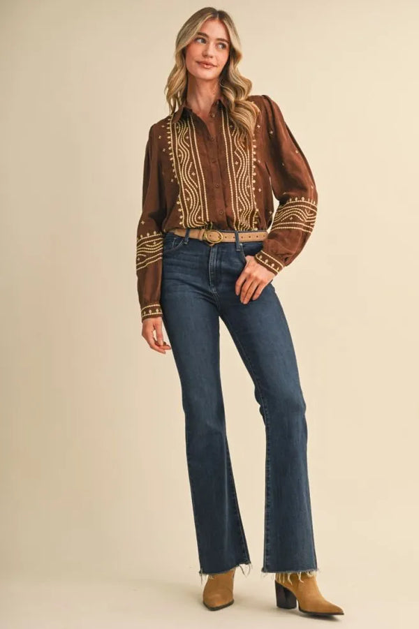 Suede Chocolate Brown Embroidered Top