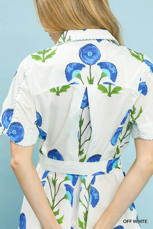 Off White Floral Belted Midi Dress