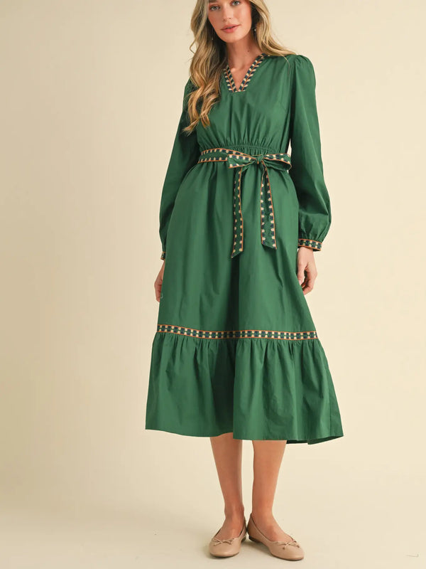 Hunter Green Embroidered Detail Midi Dress