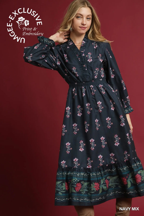 Navy Floral Maxi Dress with Smocked Waist & Ruffle Trim